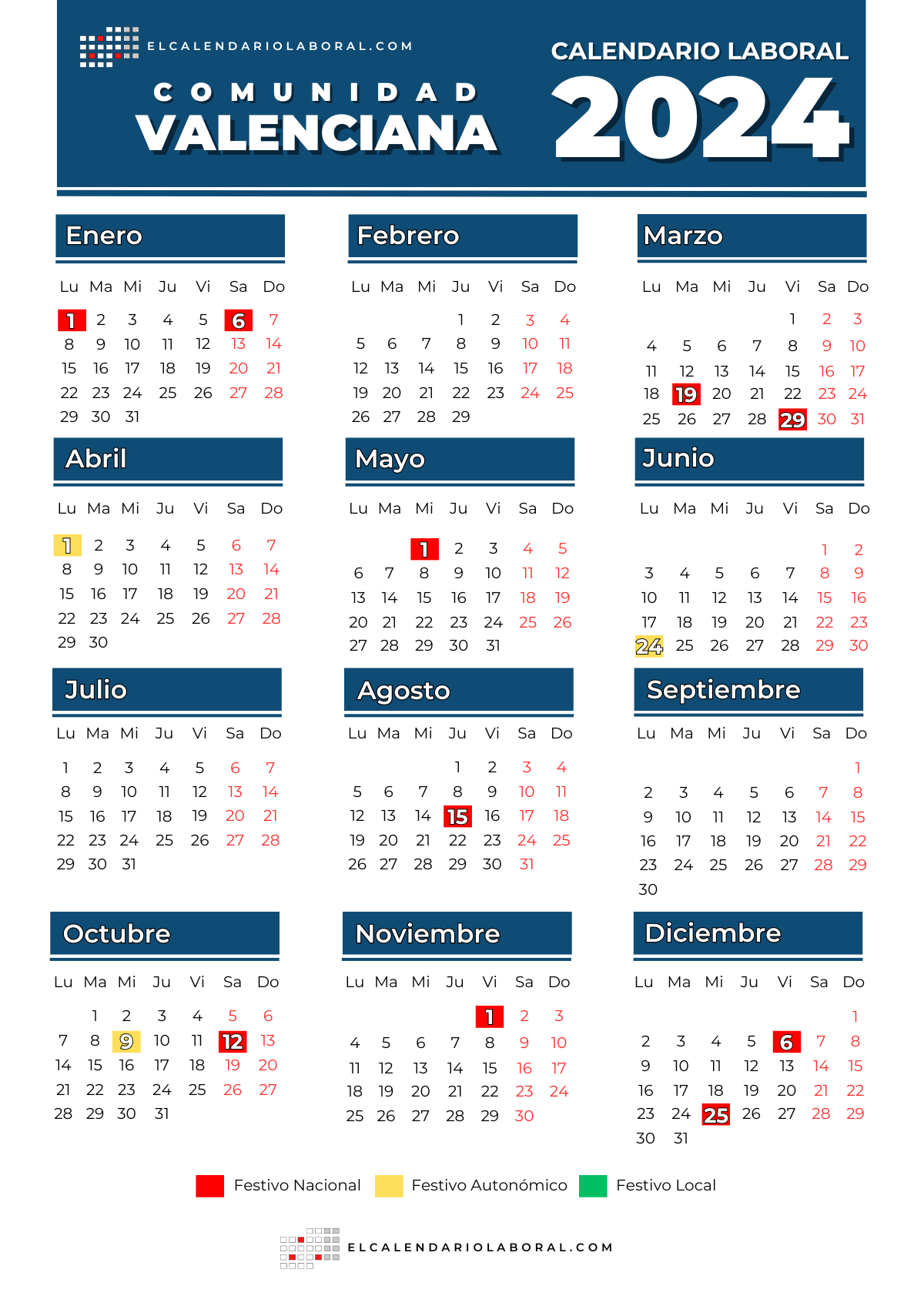 Calendario laboral de Comunidad Valenciana festivos y puentes en 2024