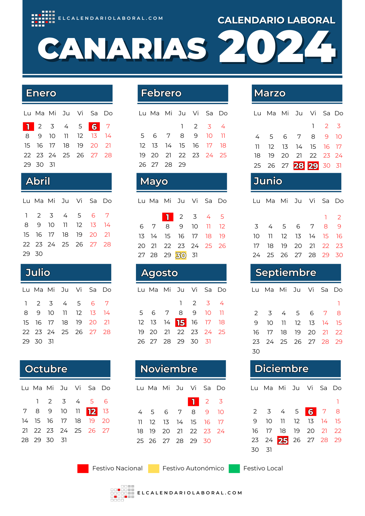 Calendario laboral de Islas Canarias festivos y puentes de 2024
